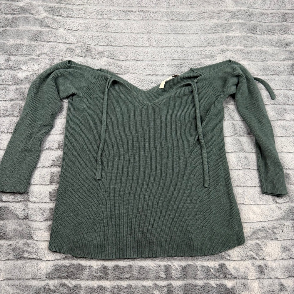 Loft Ann Taylor Petites Green Silk Blend Ribbed Off Shoulder V-Neck Sweater LP